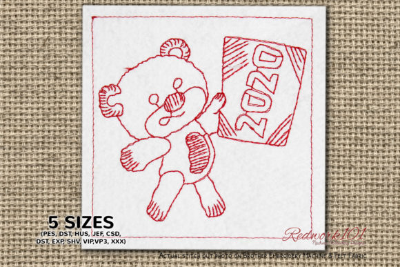 Adorable Teddy Bear with New Year Card Redwork