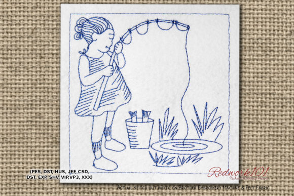Charming Girl Fishing in Pond Bluework