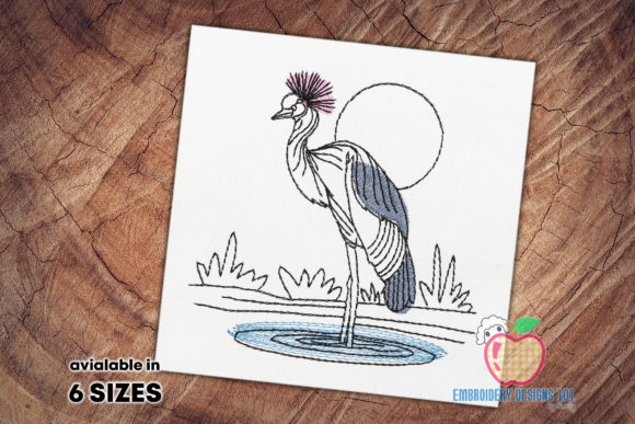 Crane Bird in the River: Elegant Sketch Embroidery